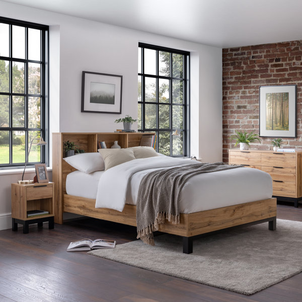 Platform bed with storage deals and bookcase headboard